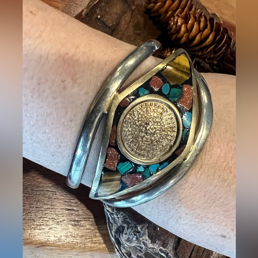 Mexican Cuff Alpaca Aztec Calendar Bracelet Cuff Turquoise Tiger’s Eye Malachite